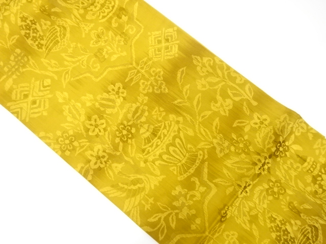 纐纈壺に草花模様織出し全通袋帯